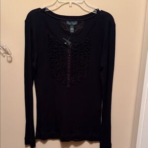 Lauren Ralph Lauren Black Long Sleeve Top with Lace Accents
